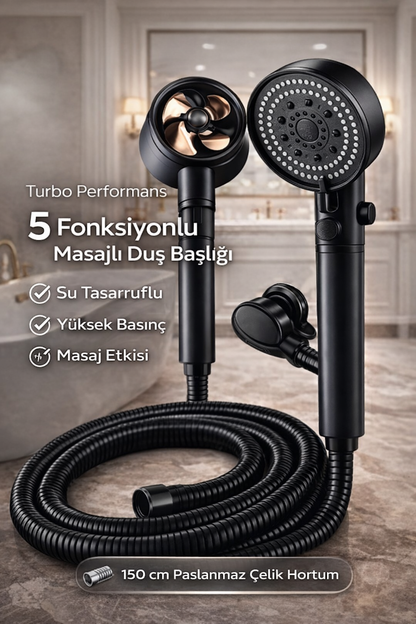 RelaxusHome 5 Fonksiyonlu Masajlı Duş Başlığı – Su Tasarruflu Yüksek Basınç El Duşu