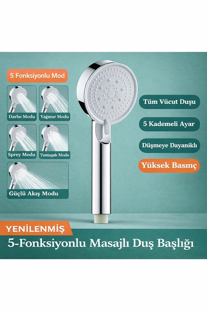 RelaxusHome 5 Fonksiyonlu Masajlı Duş Başlığı – Su Tasarruflu Yüksek Basınç El Duşu